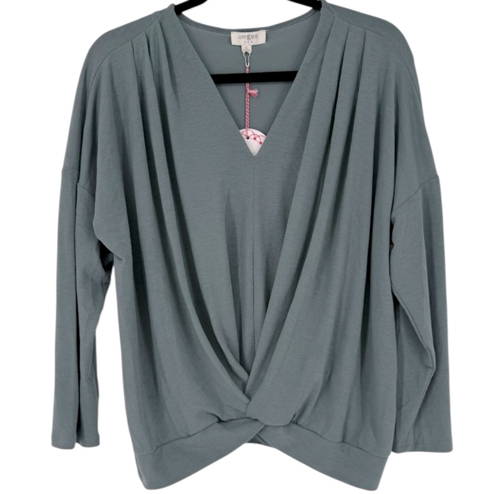 NWT Umgee Sage Green Draped Twist Front V-Neck Long Sleeve Top Size Small Casual